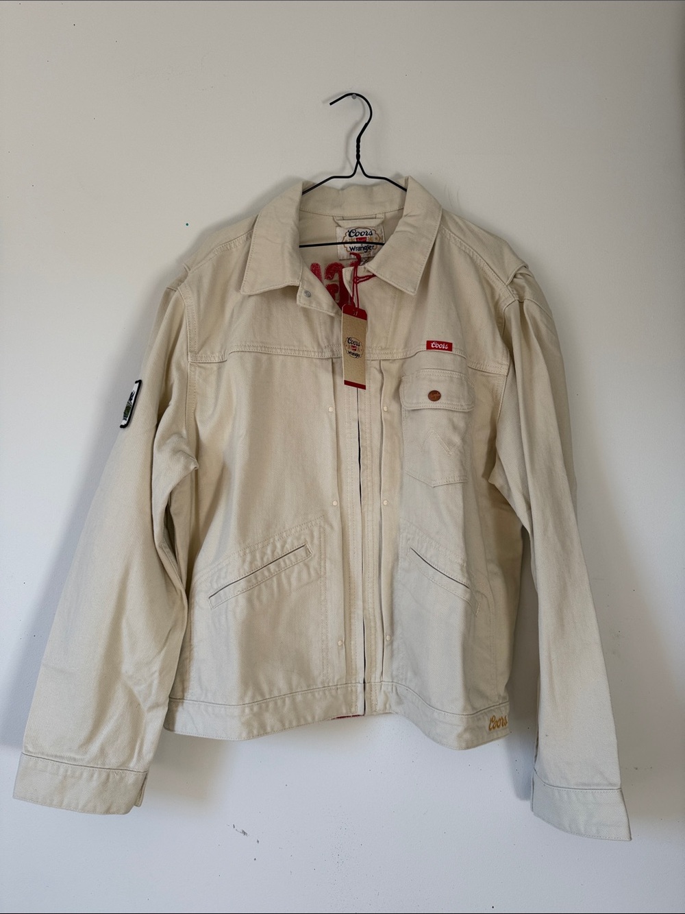 Wrangler Cream Jacket with Red Knit Lettering
